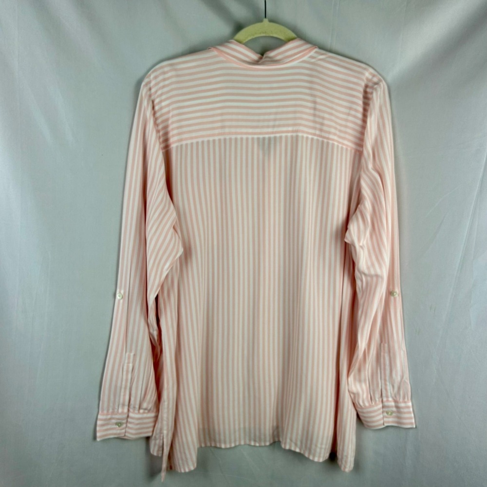 J Jill Stripe‎ Button Down Blouse Women Large Pink White Long Roll Tab Sleeves - Picture 4 of 8